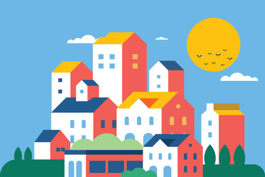 Flat illustration vector in bright colors. Geometric house background design	