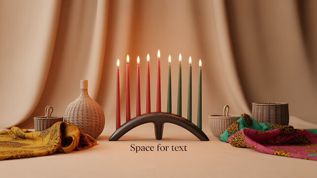 A lit menorah with colorful candles on a table surrounded by decorative textiles and pottery, set against a warm-toned backdrop.