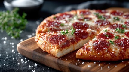 Delicious Pepperoni Pizza on Wooden Board with Mozzarella Cheese and Herbs in Dramatic Lighting