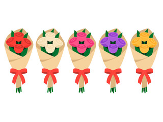 Digital illustration of five wrapped gifts with ribbons