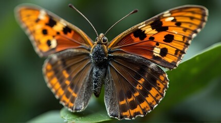 Close-up of a vibrant orange and brown butterfly with intricate wing patterns.