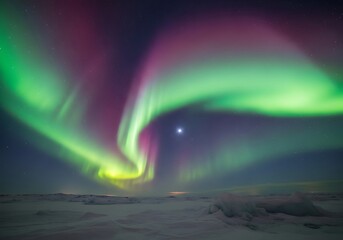 Majestic aurora borealis displays vibrant green and purple hues over a snowy landscape at night.