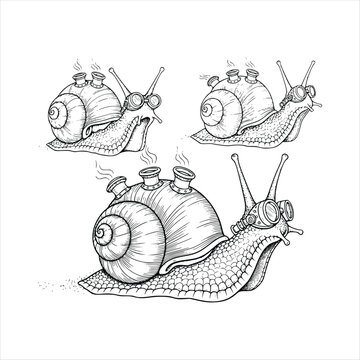 Simple coloring boock Vector art of steampunk snails, showcasing intricate mechanical details and whimsical design elements
