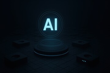 Minimal AI circle icon hovering over platform with concentric rings and subtle glow, dark futuristic cyber studio background
