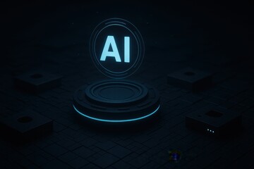 Minimal AI circle icon hovering over platform with concentric rings and subtle glow, dark futuristic cyber studio background
