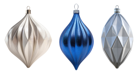 Three elegant teardrop Christmas ornaments in silver, blue and gray with geometric patterns, isolated on transparent background