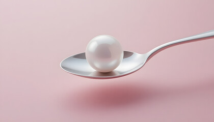 Discover exquisite luxury with a single, luminous pearl resting delicately on a sleek silver spoon.