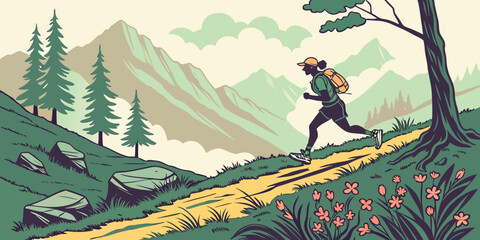 Woman Trail Runner in Mountain Landscape: Vintage Style Illustration, Active Lifestyle, Outdoor Adventure, Scenic View,  Peaceful Mood,  Backpacking,  Fitness,  Nature,  Healthy,  Exploration. © Md. Mizanur Rahaman
