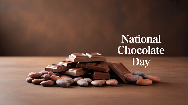 Stack of chocolate bars and cocoa beans on a wooden surface celebrating National Chocolate Day
