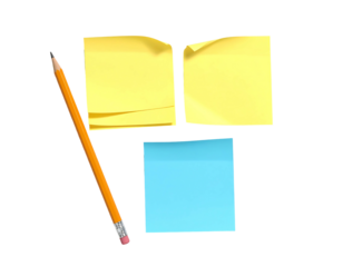 Two open yellow sticky notes resembling an open book, a light blue sticky note, and an orange pencil