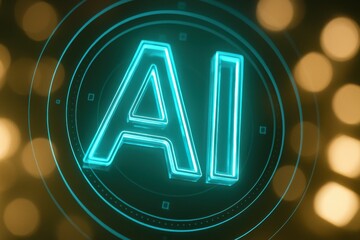 Close-up neon AI circular badge with teal glow and tech rings against warm bokeh lights, futuristic interface branding detail
