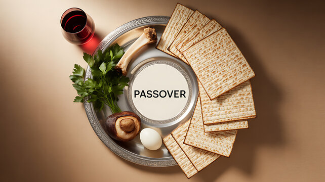 Passover Seder plate with matzah, symbolic foods, and wine on a table