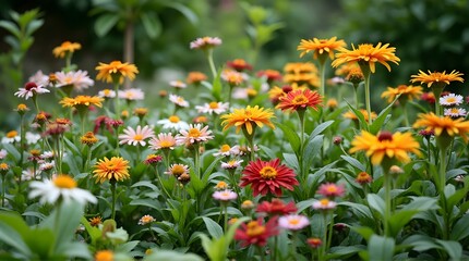 Colorful field of zinnia and daisy wildflowers blooming in a lush summer garden.