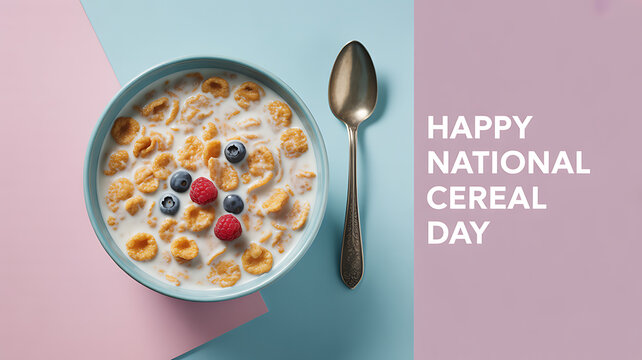 A bowl of cereal with milk and berries on a colorful background, celebrating National Cereal Day