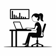 Minimalist black and white illustration of a woman working on a laptop with data visualization displayed vector