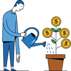 Person watering a money plant, financial growth concept illustration