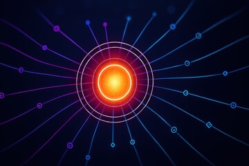 Hot orange data nucleus with white rings and multicolor rays, dynamic network visualization showing nodes signals flow and connections
