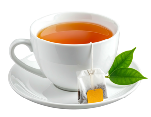 White teacup filled with brown tea, tea bag and leaves