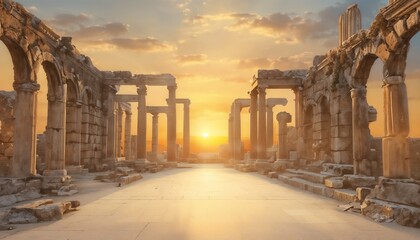 Fototapeta premium Ancient Stone Corridor Framed By A Serene Sunset