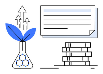 Laboratory flask with plant, upward arrows and molecular connection beside stacked coins and document. Ideal for innovation, sustainability, finance, research, growth, strategy investment. Clean