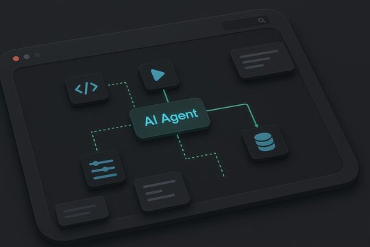 Dark mode AI agent workflow diagram in browser window with linked icons for code play settings text and database operations
