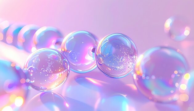 Iridescent spheres, translucent and glowing, softly scattered on a pastel surface, reflecting light