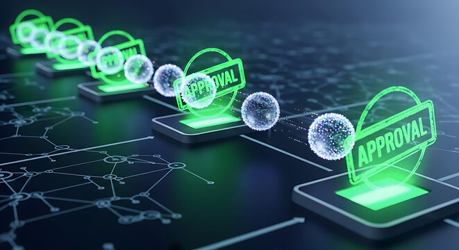 A digital approval process with glowing stamps and connected network on a dark surface shown