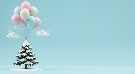 Christmas Tree with Balloons on Light Blue Background