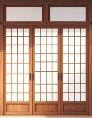 Triple-paneled sliding shoji-style door in rich wood, framed by a matching header and transom, sunlight illuminating the gridded glass panes