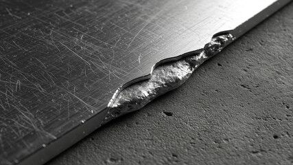 A damaged or melted metal edge fusing with a concrete slab, a powerful metaphor for stress, repair or the merging of two different elements Concept Industry
