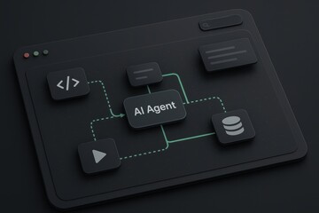 Clean AI agent flowchart interface with dotted connectors linking modules for code playback content and data storage in dark UI
