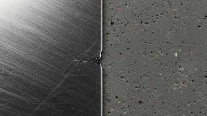 A close-up of a scratched, brushed metal sheet next to a rough, porous concrete surface, a great background for an industrial design or an architectural presentation Contrast Urban