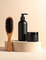 A wooden hairbrush and two matte black bottles, one pump, one jar, rest on a beige cylindrical platform against a beige backdrop