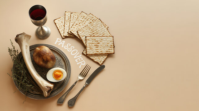 Passover Seder plate with matzah, wine, and symbolic foods arranged on a neutral background