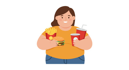 Flat vector design showing overweight woman holding fast food like burger, fries, and soda, isolated on white background, concept of unhealthy eating and obesity