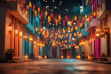 Obraz premium Enchanting nighttime street scene illuminated by vibrant hanging lanterns and festive lights, creating a magical cultural celebration atmosphere.