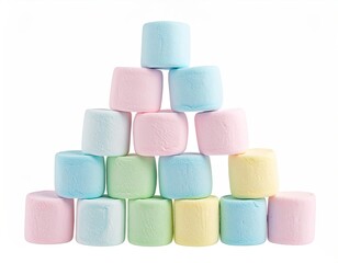 Pastel-colored marshmallows arranged in a triangular pyramid on a white background
