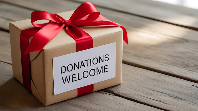 A gift box wrapped in brown paper with a red ribbon and a label reading 'DONATIONS WELCOME' placed on a wooden surface.