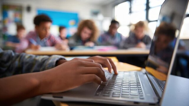 Laptop in the Classroom: Close-up shot of a student diligently typing on a laptop in a modern classroom, with classmates subtly in the background.