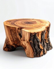 Rustic, light-brown wooden stump coffee table with natural bark detailing, showcasing organic, irregular form and smooth top