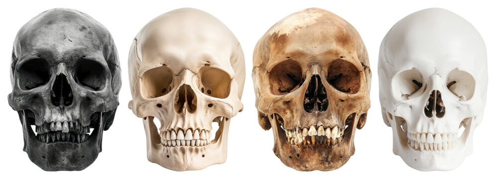 PNG Diverse human skulls display, element set on transparent background