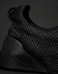 Close-up of a black, textured, breathable sneaker with a unique wedge sole and minimal design