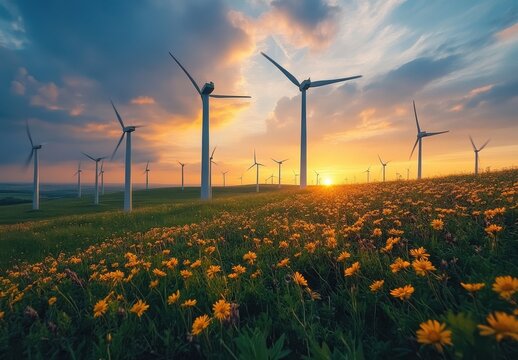 Wind Turbines in a Field of Yellow Flowers at Sunset - Powered by Adobe