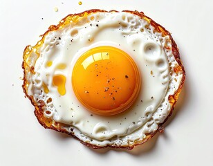 A perfectly fried egg with a golden yolk, crispy edges, and a light sprinkling of black pepper on a white background