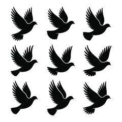 Set of nine flying dove silhouettes vector illustration scalable eps icon for peaceful symbolism vector