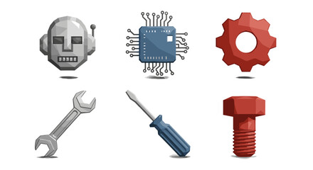 Fototapeta premium Illustration of robot head chip gear wrench screwdriver and bolt icons set