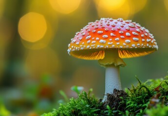 Red Mushroom with White Spots in Mossy Forest Setting