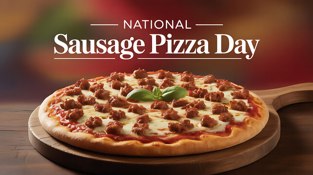 A freshly baked sausage pizza topped with melted cheese, tomato sauce, and basil leaves, presented on a wooden board for National Sausage Pizza Day.