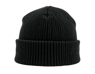 Rear view of a dark gray ribbed knit beanie