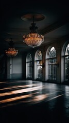 Empty grand hall with crystal chandeliers
